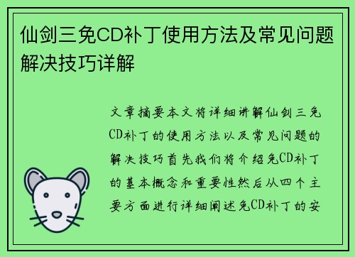 仙剑三免CD补丁使用方法及常见问题解决技巧详解